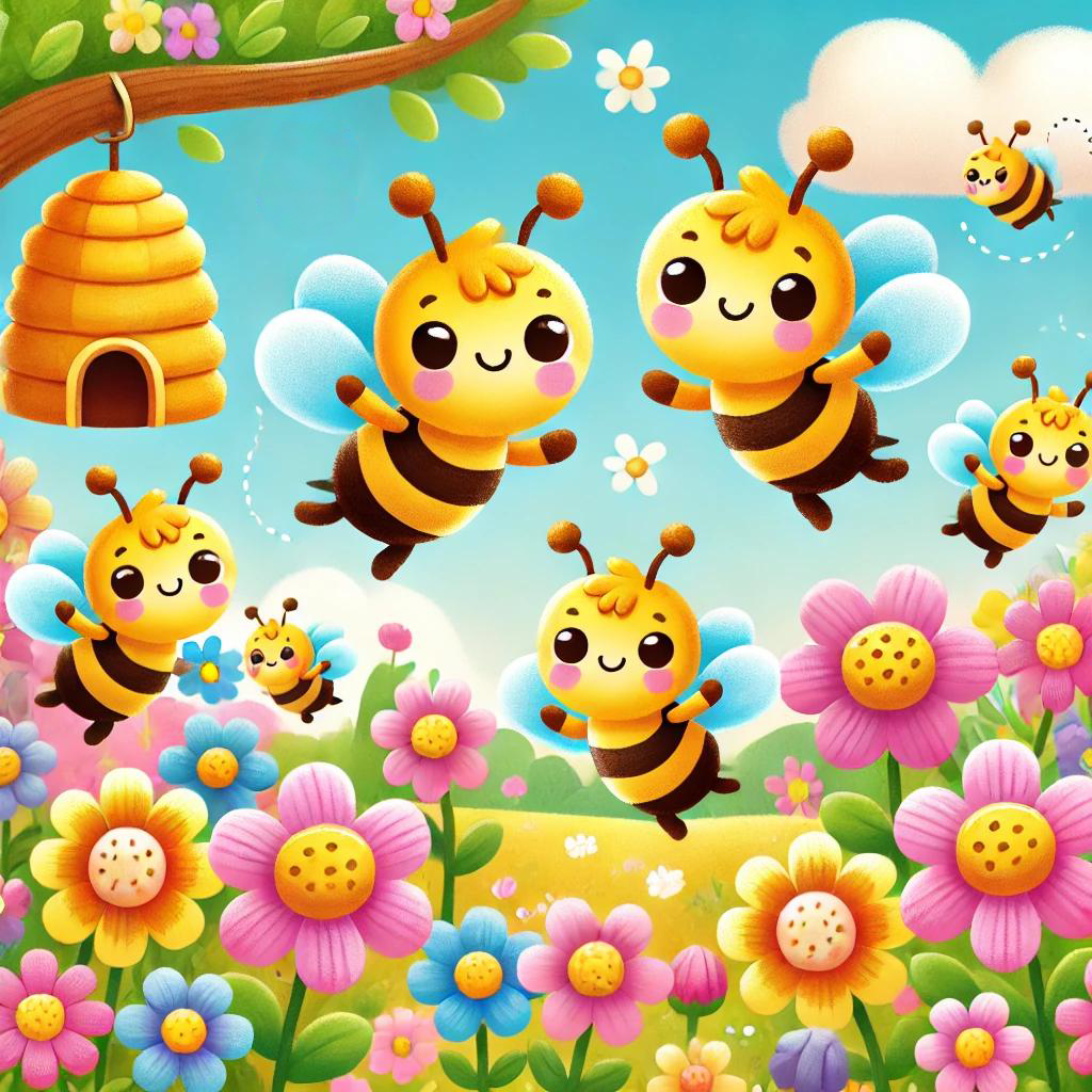 An illustration of cute little bees flying around a field of flowers. 