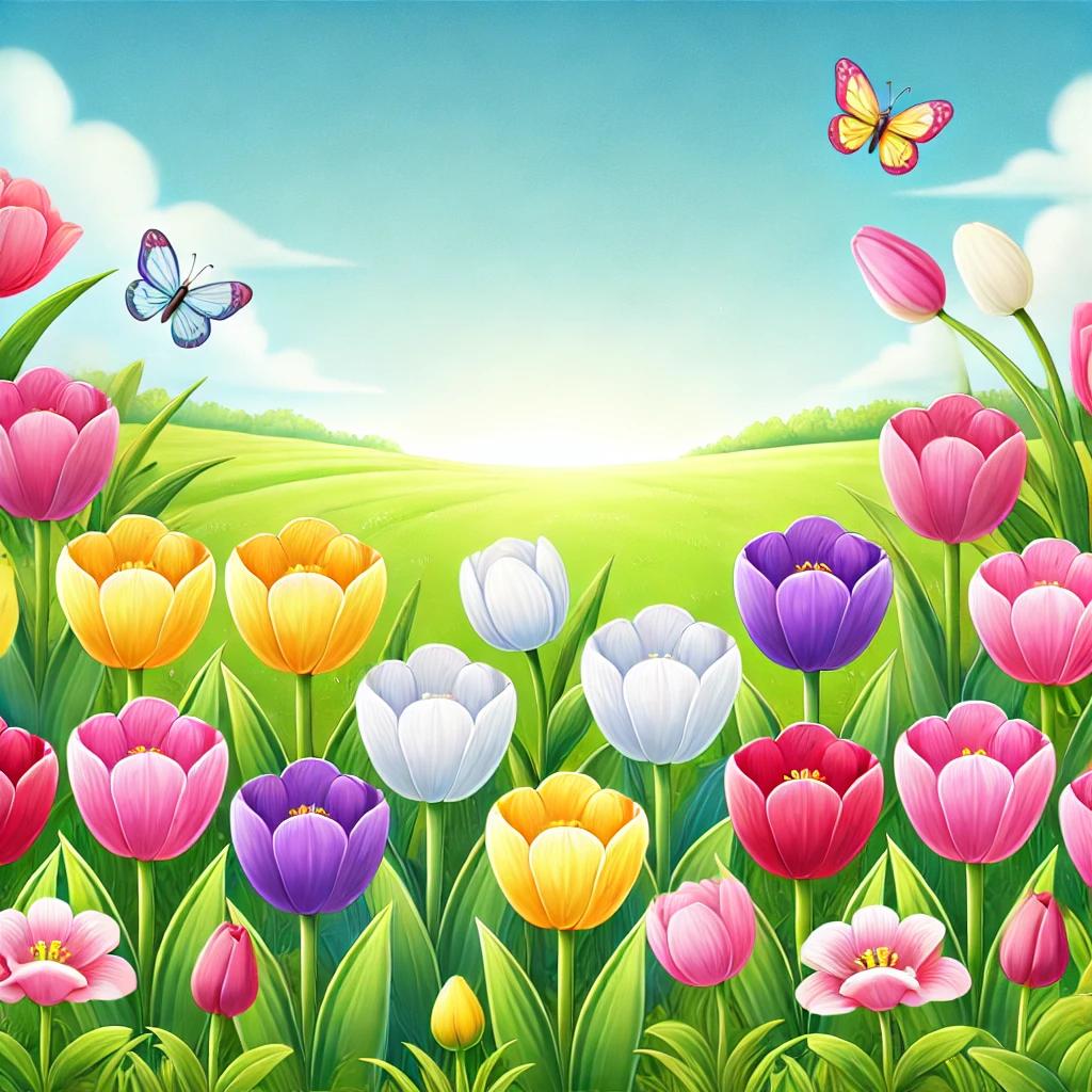 An illustration of colorful tulips in a field. 