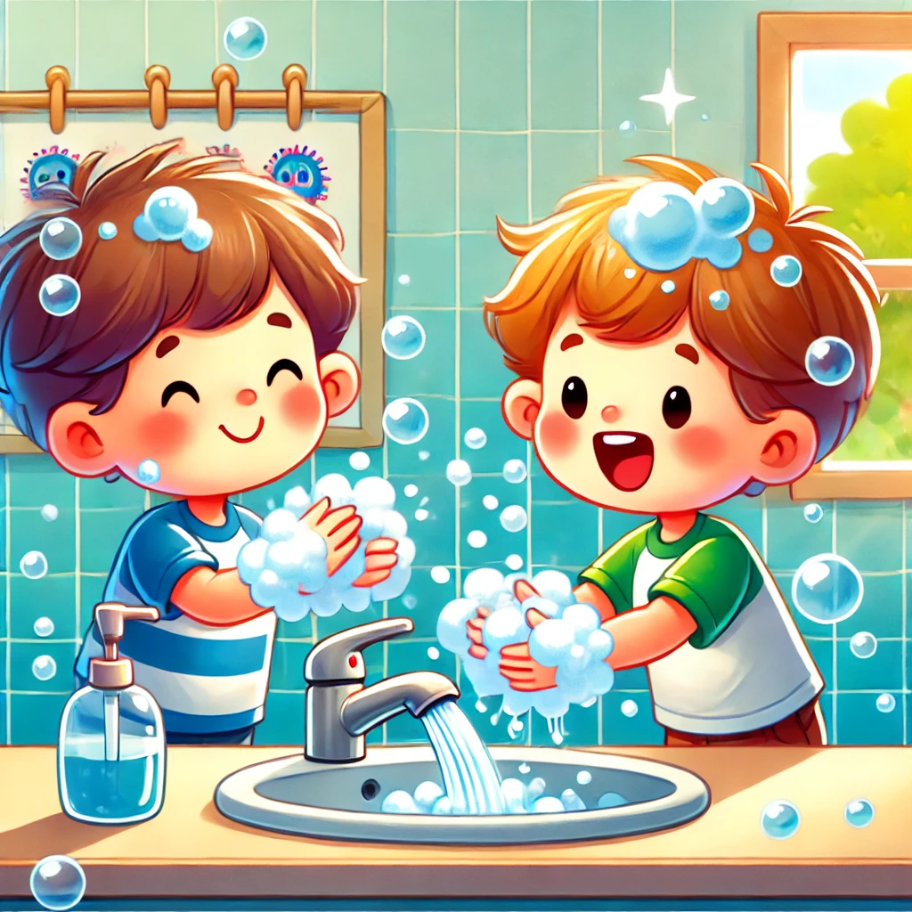 Colorful illustration of two young boys washing their hands in lots of soap bubbles. 