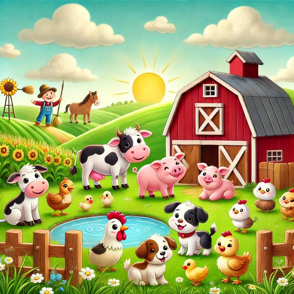 A colorful illustration of a farm full of farm animals. 