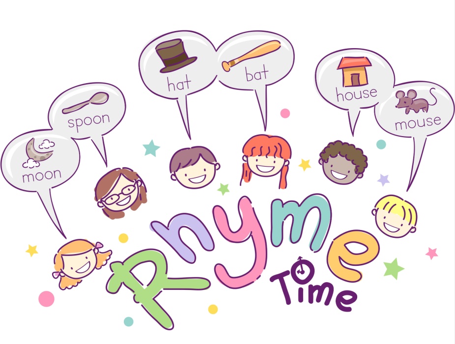 Illustration of kids heads with speech bubbles that have words that rhyme. 