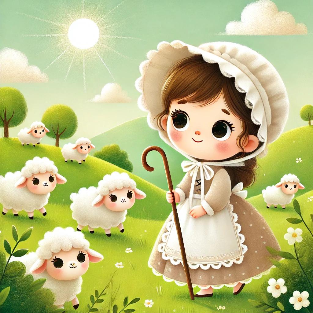 Colorful illustration of Little Bo Peep with her sheep. 