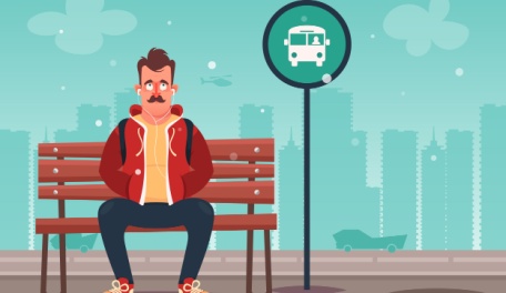 A colorful illustration of a man sitting on a bench at a bus stop. 