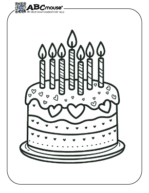 Free printable heart cake with candles coloring page for kids from ABCmouse.com. 