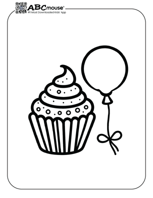 Free printable cupcake with balloon coloring page for kids from ABCmouse.com. 