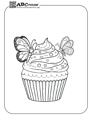 Free printable cupcake with butterflies coloring page for kids from ABCmouse.com. 