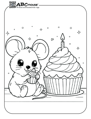 Free printable mouse with cupcake coloring page for kids from ABCmouse.com. 