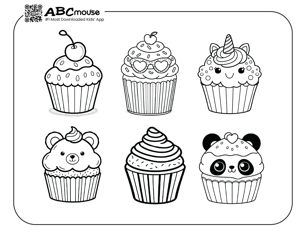 Free printable six fun cupcakes coloring page for kids from ABCmouse.com. 