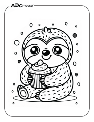 Free printable sloth holding a cupcake coloring page for kids from ABCmouse.com. 