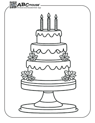 Free printable three tier birthday cake coloring page for kids from ABCmouse.com. 