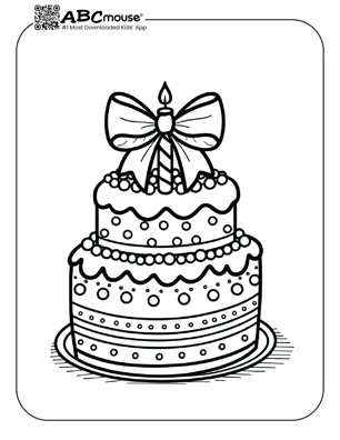 Free printable cake topped with a bow coloring page for kids from ABCmouse.com. 