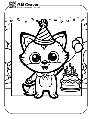 Free printable fox with birthday cake coloring page for kids from ABCmouse.com. 