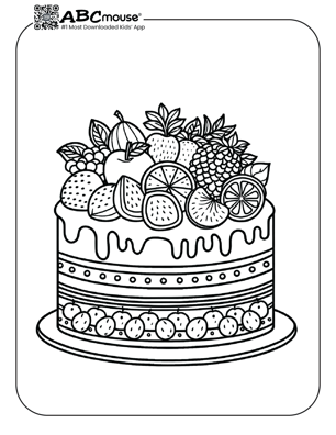 Free printable cake topped with fruit coloring page for kids from ABCmouse.com. 