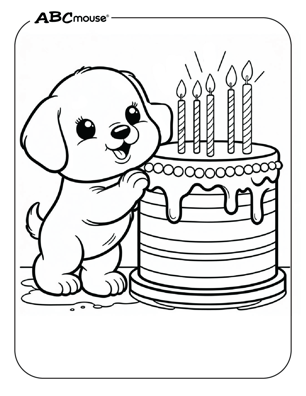 Free printable dog with birthday cake coloring page for kids from ABCmouse.com. 