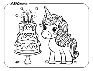 Free printable unicorn with cake coloring page for kids from ABCmouse.com. 