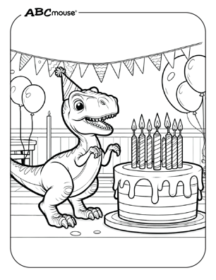 Free printable dinosaur with birthday cake coloring page for kids from ABCmouse.com. 