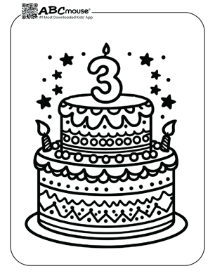 Free printable cake with number 3 on top coloring page for kids from ABCmouse.com. 