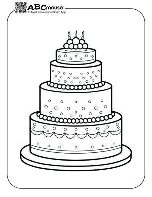 Free printable fancy four layer cake coloring page for kids from ABCmouse.com. 