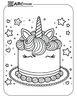 Free printable unicorn cake coloring page for kids from ABCmouse.com. 