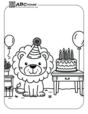 Free printable lion with birthday cake coloring page for kids from ABCmouse.com. 