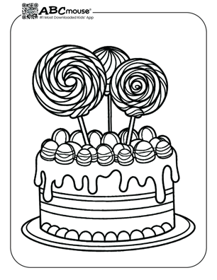 Free printable cake with lollipops on top coloring page for kids from ABCmouse.com. 