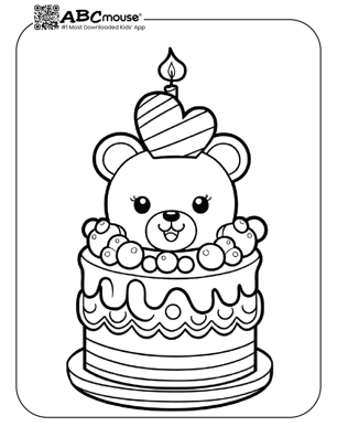 Free printable cake with bear face coloring page for kids from ABCmouse.com. 