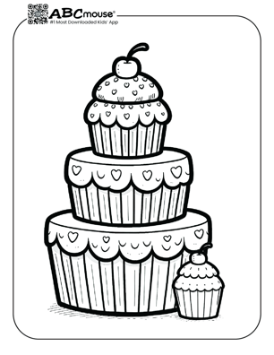 Free printable cupcake cake tower coloring page for kids from ABCmouse.com. 