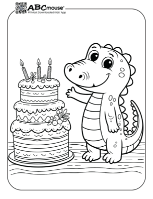 Free printable alligator with cake coloring page for kids from ABCmouse.com. 