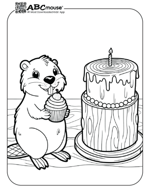 Free printable beaver with birthday cake coloring page for kids from ABCmouse.com. 