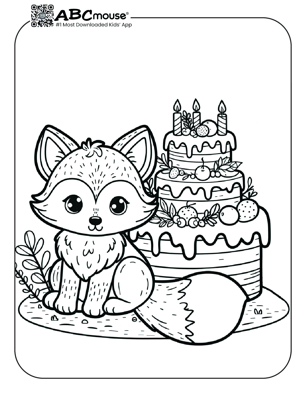 Free printable fox with birthday cake coloring page for kids from ABCmouse.com. 