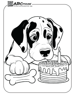 Free printable dog with cake coloring page for kids from ABCmouse.com. 