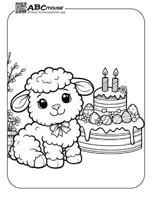 Free printable lamb with birthday cake coloring page for kids from ABCmouse.com. 