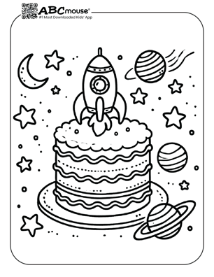 Free printable space themed cake coloring page for kids from ABCmouse.com. 