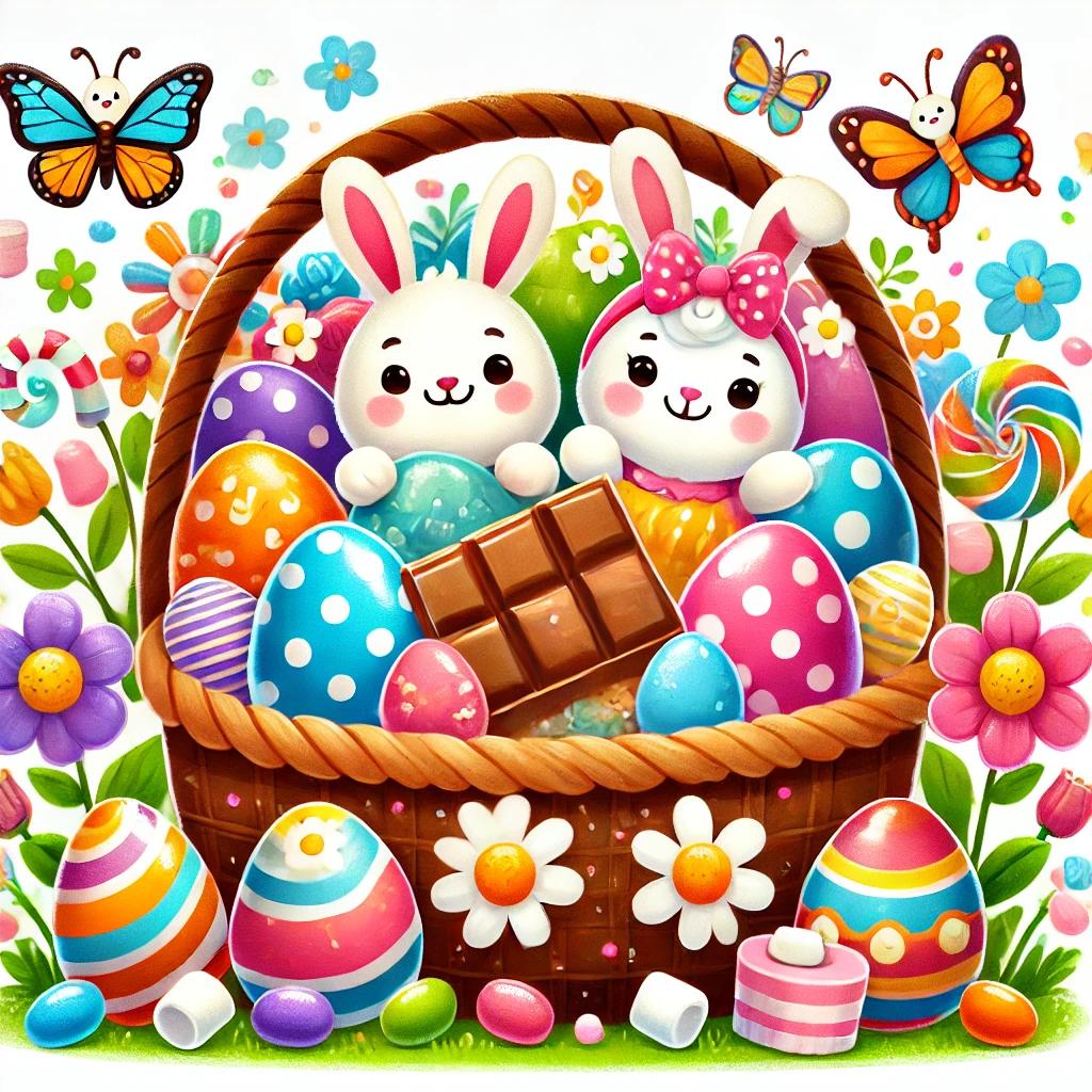 A colorful illustration of Easter bunnies in a basket with eggs and chocolate. 