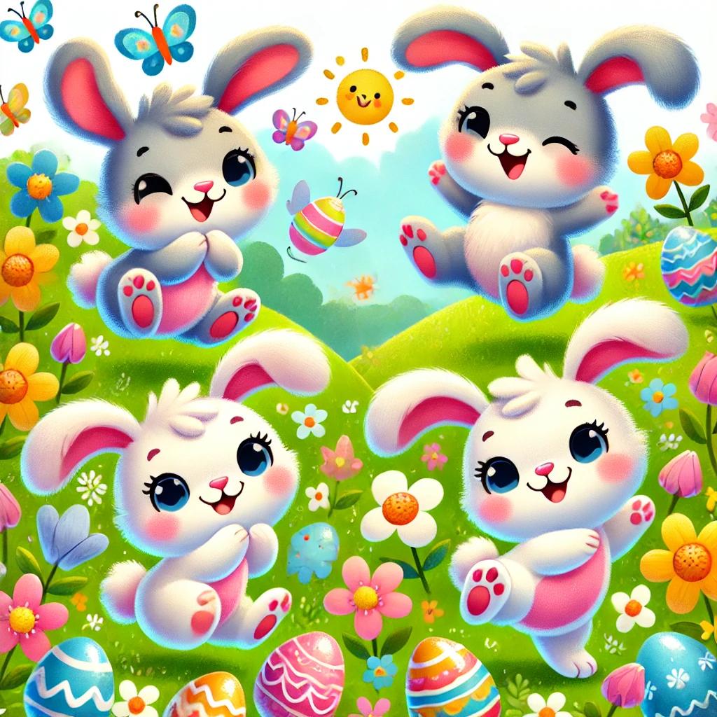 A colorful illustration of cute little Easter bunnies dancing in a field of flowers and eggs. 