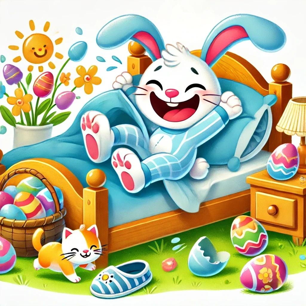 A cute and silly Easter bunny dressed in blue pjs stretching and getting out of bed. 