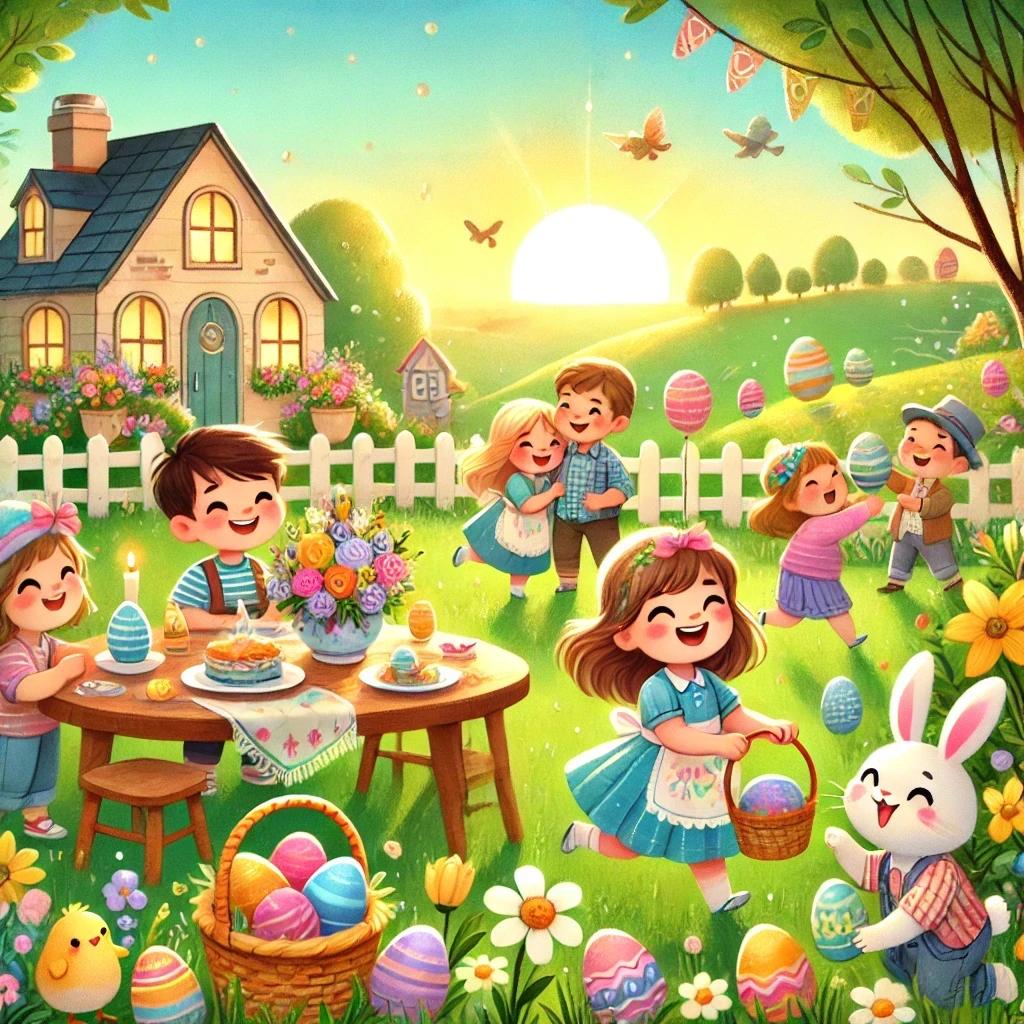 A colorful illustration of children in a field next to a house having an Easter picnic and finding 