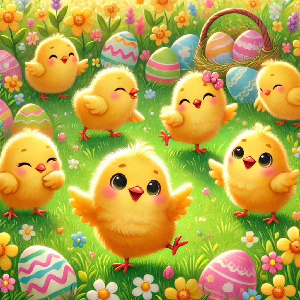 An illustration of a bunch of bright yellow chicks in a field of Easter eggs and flowers. 