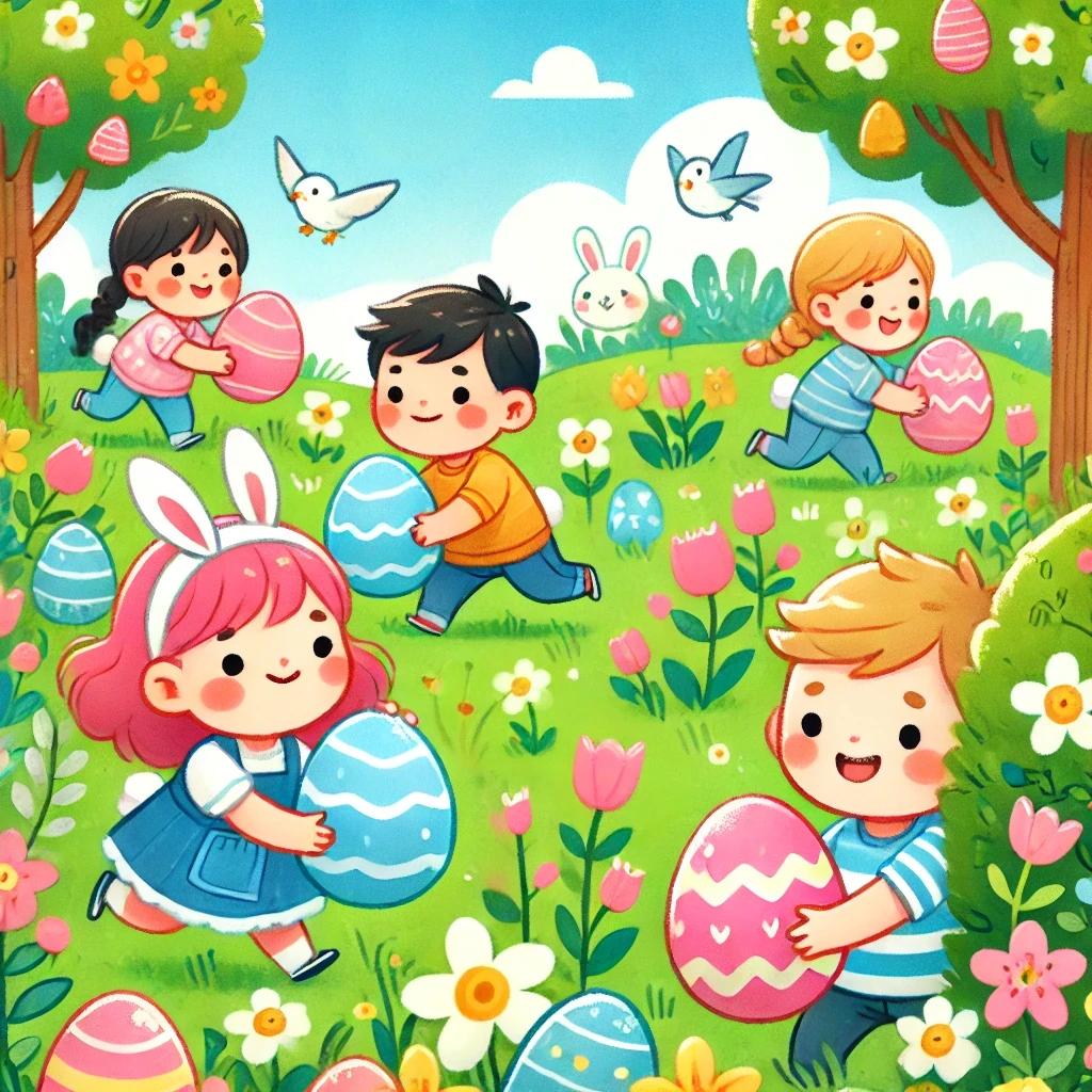 An illustration of children running around a field holding Easter eggs that they are finding. 