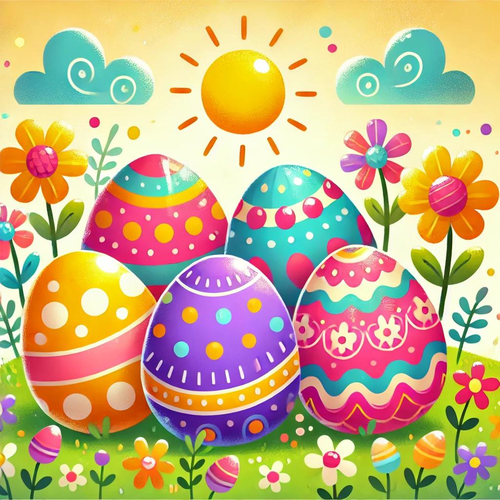 A brightly colored illustration of decorative Easter eggs sitting in a field. 