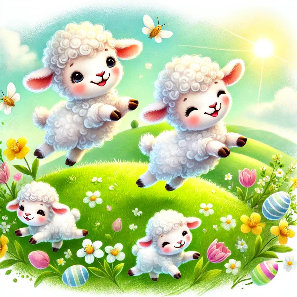 An illustration of cute little lambs jumping in a field of flowers and eggs. 