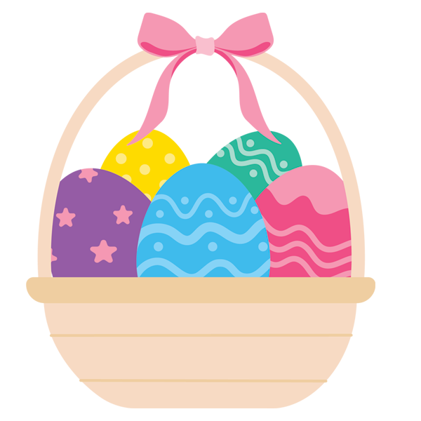 Colorful illustration of an Easter basket with Easter eggs. 