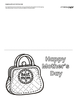 A free printable mothers day coloring card for kids with a purse that says best mom, and block letters that say 'Happy Mother's Day'. 