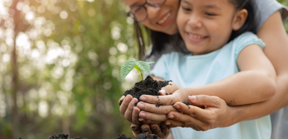 A child holding a little spring plant in her hands replanting it with her mom for this spring activity. 